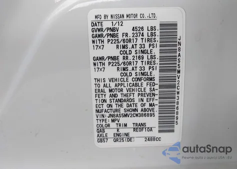 2012 Nissan Rogue Sv z USA, uszkodzony, nr VIN JN8AS5MV2CW386895